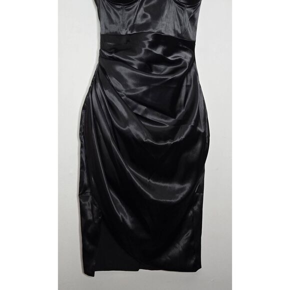 Laeu Women’s Black Satin Bodycon Dress Size Small Ruched Bustier Cocktail Party - Picture 4 of 9